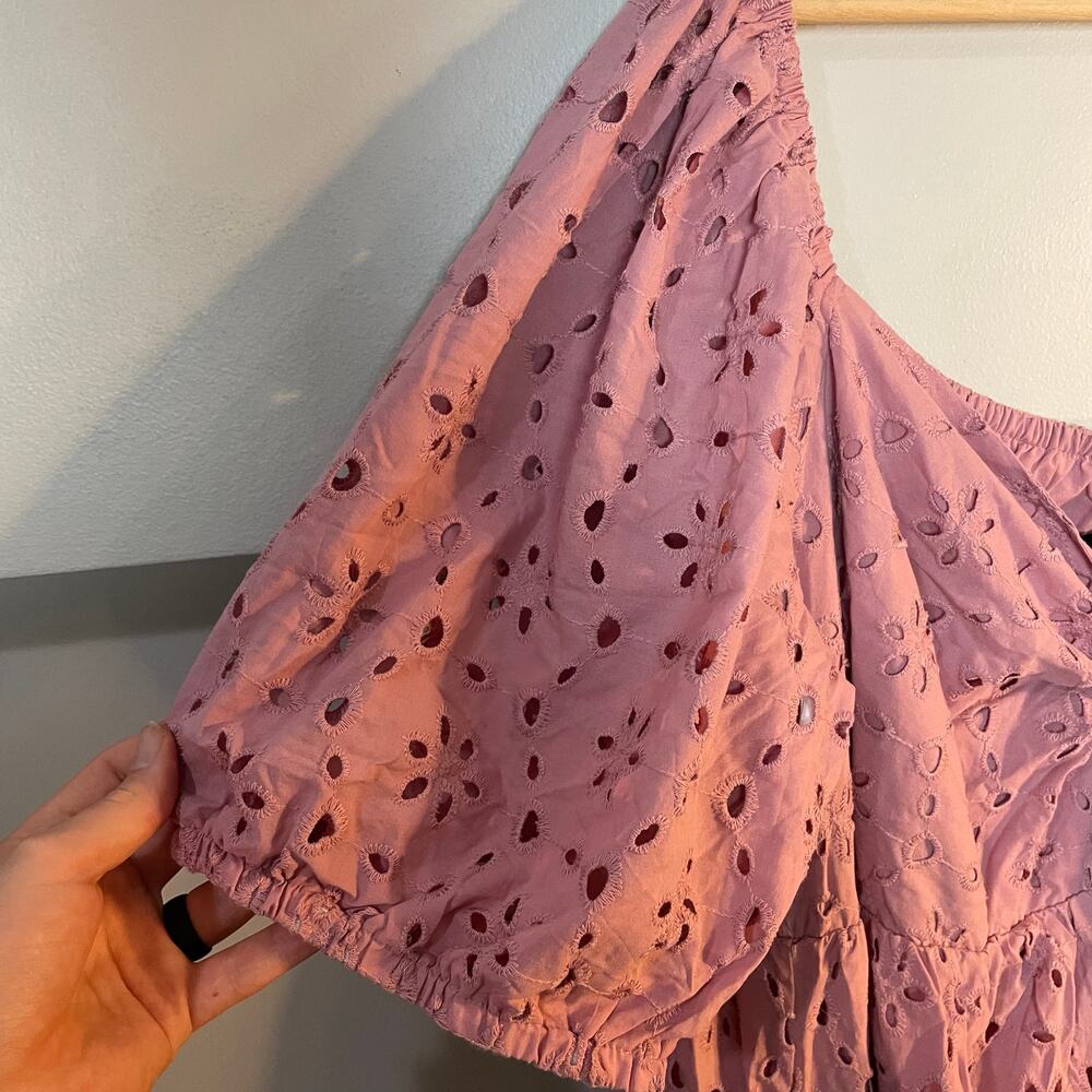 NWT Eloquii Eyelet Detail Tie Front Puff Sleeve Maxi Dress Pink Mauve SZ 28 NEW - Picture 13 of 16